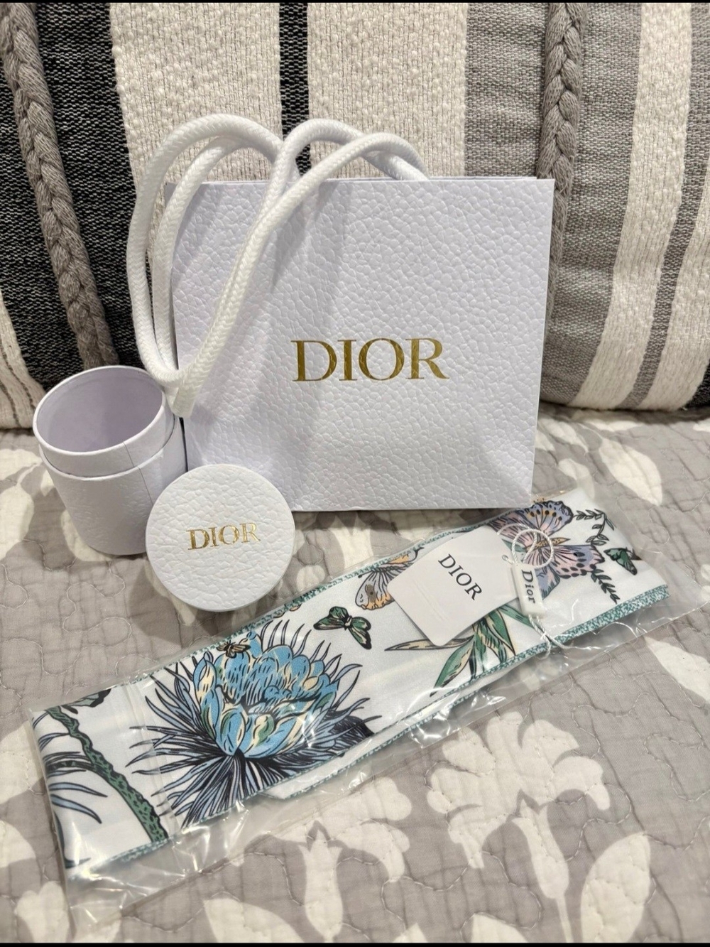 Dior White Silk Hair Twilly with Blue Floral Motif